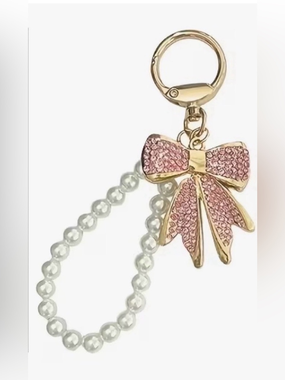 Pearl Loop Keychain with Pink Crystal Bow